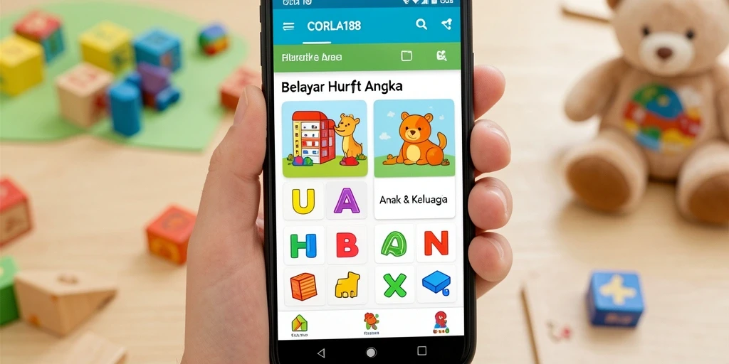 Screenshot CORLA188 menunjukkan antarmuka belajar angka dan huruf yang menarik.