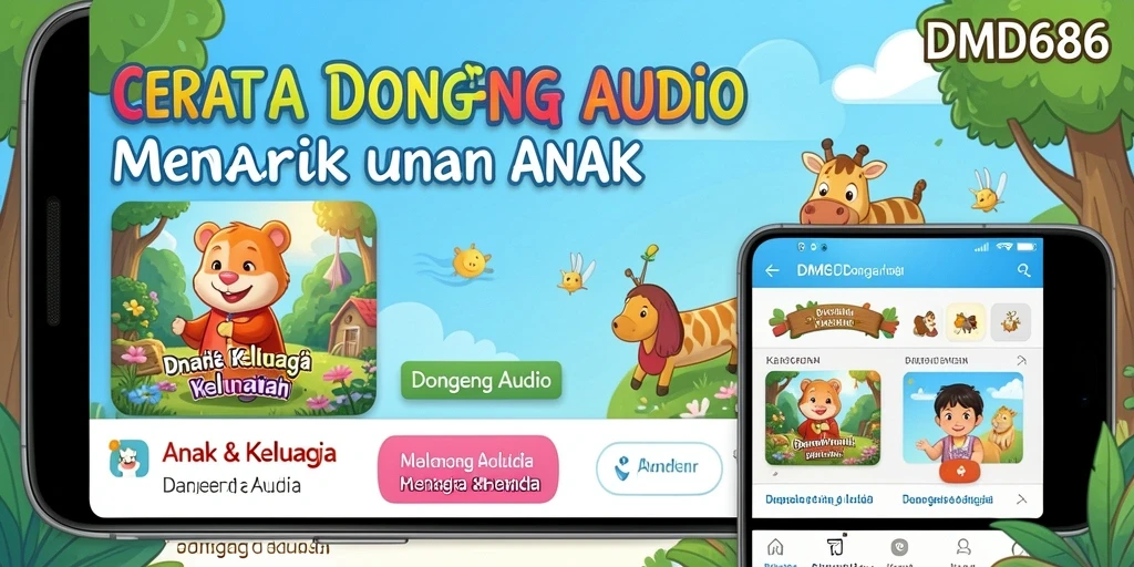 Tampilan antarmuka DMD686 dengan pilihan cerita dongeng audio.
