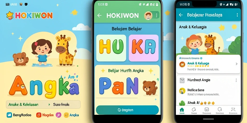 Antarmuka HOKIWON yang ceria dan interaktif untuk belajar huruf dan angka.