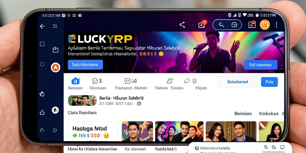 Antarmuka aplikasi LUCKYRP menampilkan berita hiburan selebriti terkini.