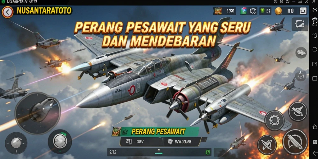 Tampilan antarmuka NUSANTARATOTO dengan pesawat tempur yang sedang bertempur di langit.