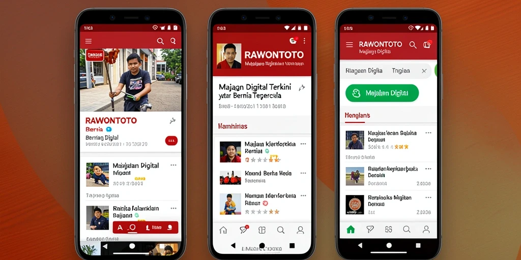 Tampilan utama aplikasi RAWONTOTO menampilkan berita terbaru dengan antarmuka menarik.